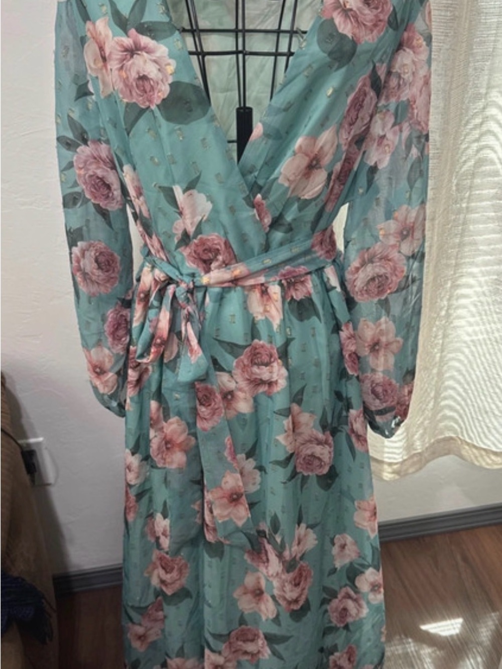 SHEIN Teal Floral Wrap Maxi Dress with Pink Roses